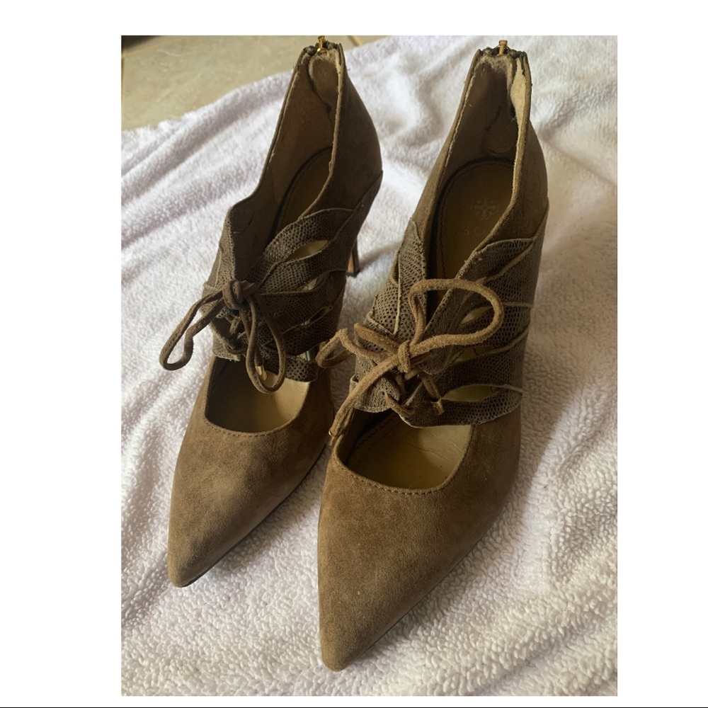 🍄 Isola Palazzo Lace Up Heels w/ Back Zipper Reptile Texture & Suede - Taupe